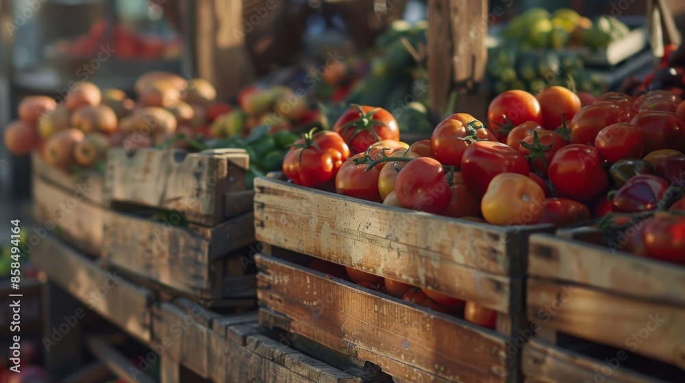 Wooden crates filled with fresh red tomatoes at a farmer's market. A sunny day highlights the vibrant colors of the ripe vegetables. Wooden crates filled with fresh red tomatoes at a farmer's market. A sunny day highlights the vibrant colors of the ripe vegetables.