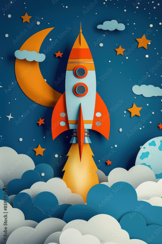 Papercut Style Rocket and Moon Papercut Style Rocket and Moon