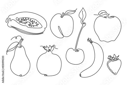  Set one line fruits. Continuous line exotic papaya, peach,apple, banana,  pear,garnet,strawberry. Vector fruit isolated 