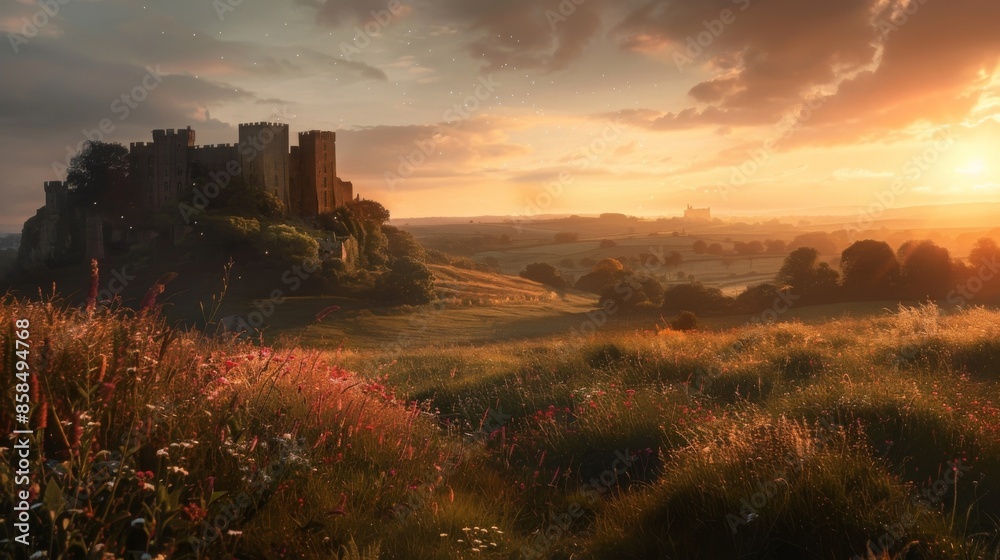 Serene Sunset Over an Ancient Castle in a Lush Green Landscape Serene Sunset Over an Ancient Castle in a Lush Green Landscape