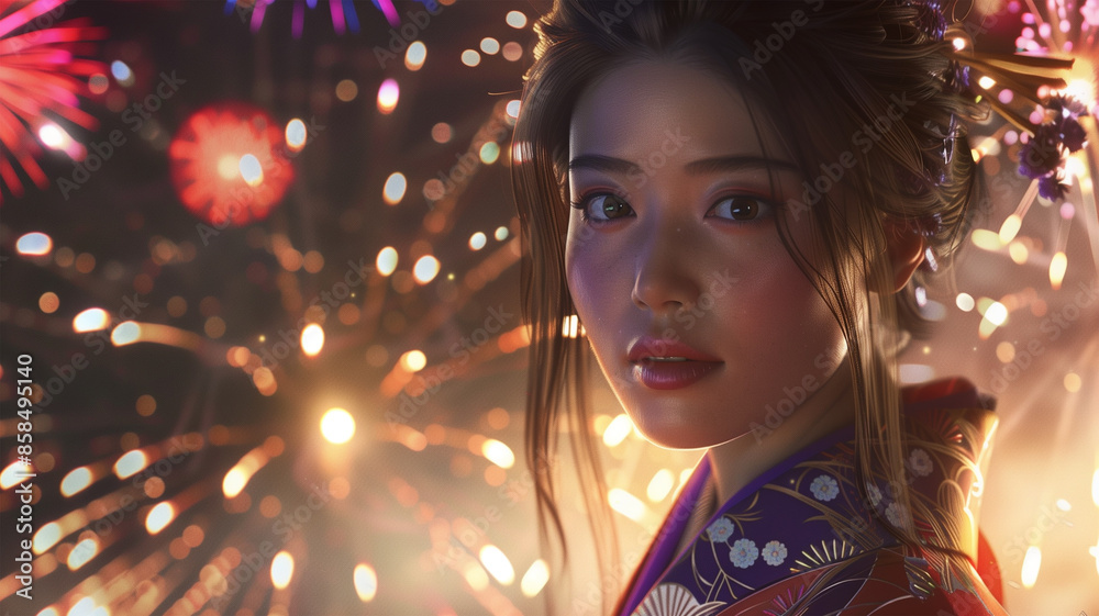打ち上げ花火と和服の女性 打ち上げ花火と和服の女性