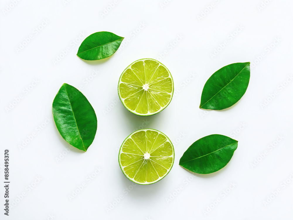 Two halved limes and four leaves on a white background Two halved limes and four leaves on a white background