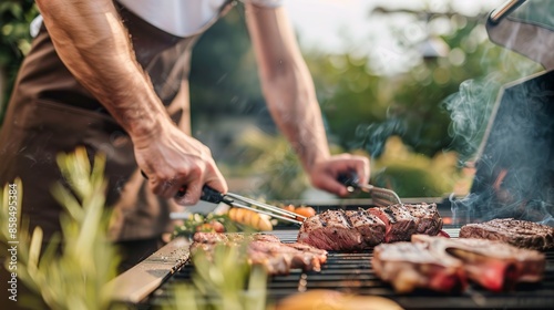 Man grilling seasoned meat outdoors on a gas grill, surrounded by nature. Summer picnic where family and friends gather to enjoy grilled steak.