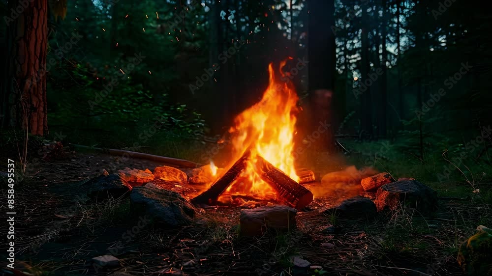 Nighttime scene with a warm bonfire in a forest creating a cozy ambiance. Concept Nature Photography, Bonfire Lighting, Cozy Atmosphere, Nighttime Landscape, Forest Scenery Nighttime scene with a warm bonfire in a forest creating a cozy ambiance. Concept Nature Photography, Bonfire Lighting, Cozy Atmosphere, Nighttime Landscape, Forest Scenery