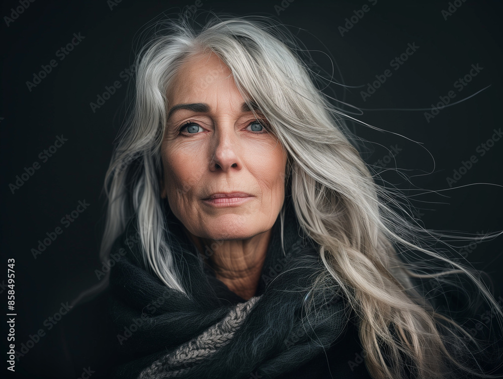 Portrait of Empowered Elderly Woman with Long Silver Hair and Black Scarf
Portrait of Empowered Elderly Woman with Long Silver Hair and Black Scarf