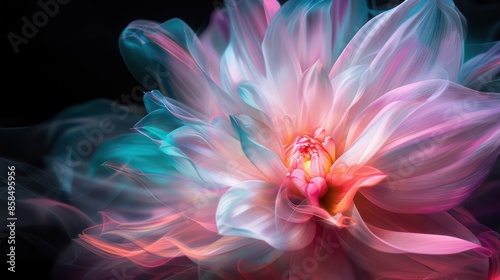 A flower with a pink center and blue and green petals. The flower is surrounded by a blurry background