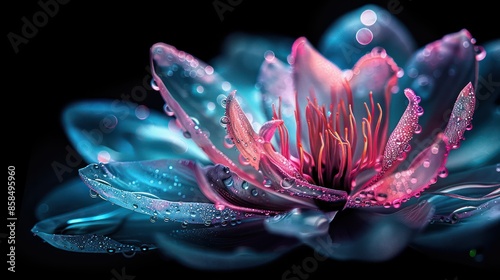 A flower with a blue and pink hue. The flower is surrounded by water droplets