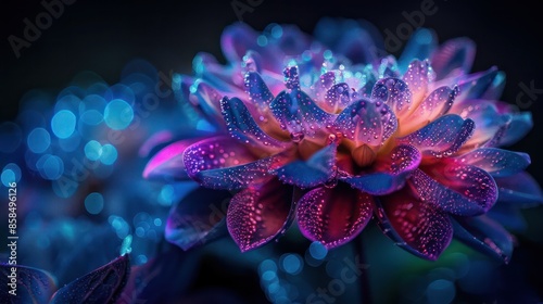 A flower with a blue and purple hue is surrounded by a blurry background. The flower is the main focus of the image, and it is a close-up shot. The colors of the flower are vibrant and eye-catching