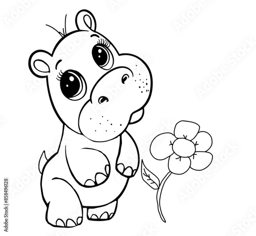 Black and white hippo, kids coloring page, vector illustration.