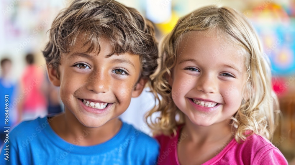 Two little children, a boy and a girl, pose together and smile at the camera. Two little children, a boy and a girl, pose together and smile at the camera.