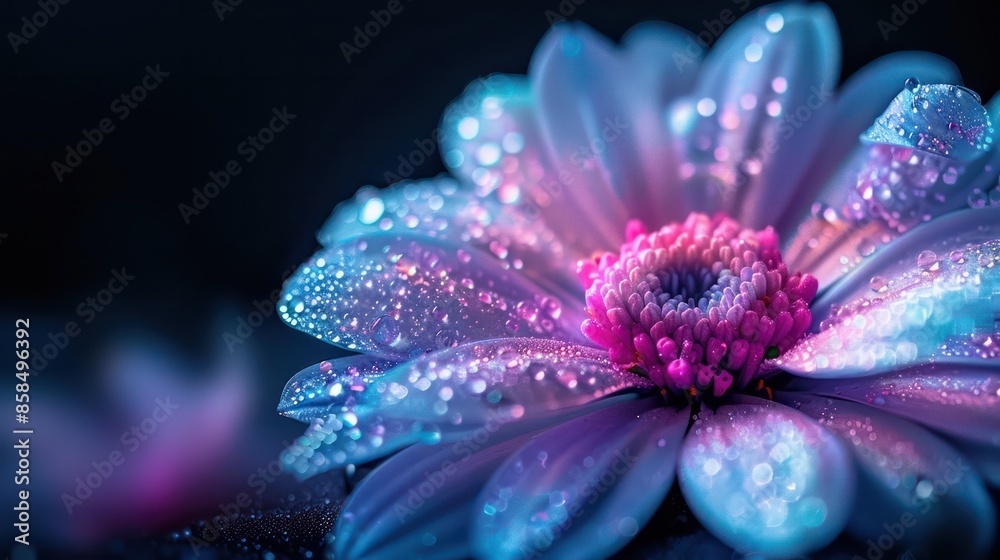 A flower with a blue and pink hue is shown with water droplets on it. The flower is surrounded by a dark background, which creates a sense of depth and contrast A flower with a blue and pink hue is shown with water droplets on it. The flower is surrounded by a dark background, which creates a sense of depth and contrast