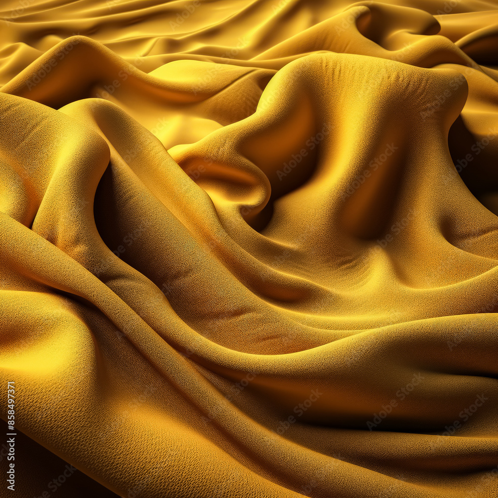 A yellow fabric with a wavy texture. The fabric is smooth and shiny. The color of the fabric is bright and cheerful A yellow fabric with a wavy texture. The fabric is smooth and shiny. The color of the fabric is bright and cheerful