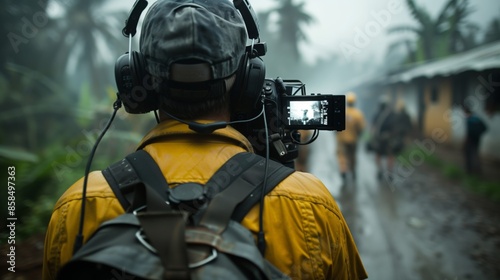 A photojournalist films in a rain-soaked village, capturing the daily life of its inhabitants