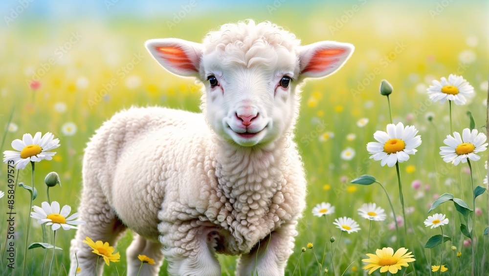White sheep on green grass floral meadow