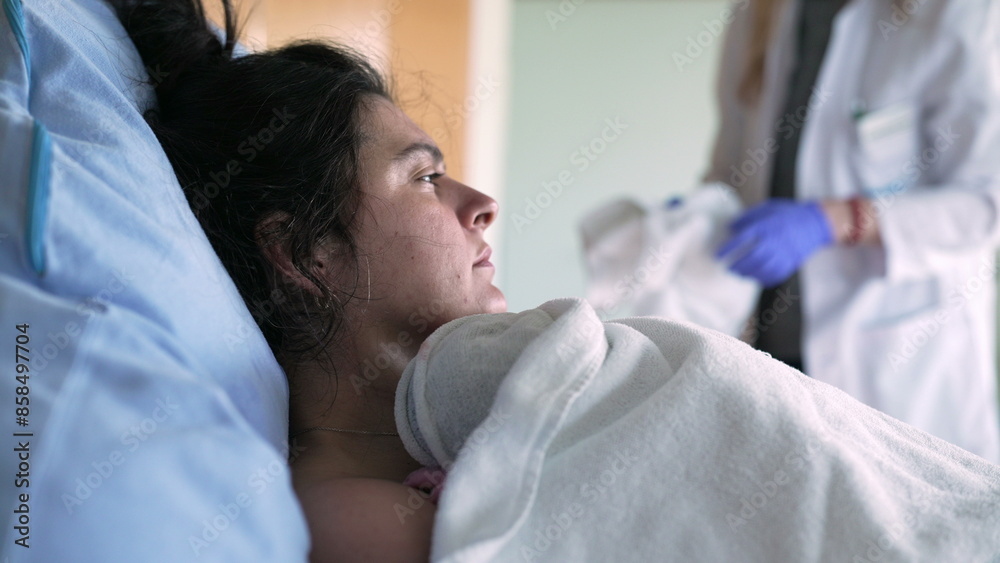 Mother trempling with pain right after giving birth to newborn baby, doctor and nurses surrounding her with care in maternity clinic hospital, hands gently putting infant into chest Mother trempling with pain right after giving birth to newborn baby, doctor and nurses surrounding her with care in maternity clinic hospital, hands gently putting infant into chest