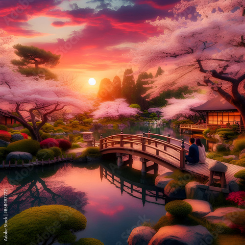 Bridge of Love amidst the beauty of Sakura Waiting for the sunset