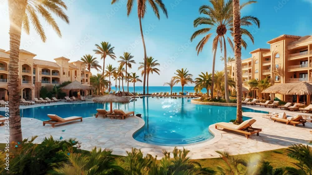 Resort and pool with beach view, in smooth looping background with 4K video. Resort and pool with beach view, in smooth looping background with 4K video.