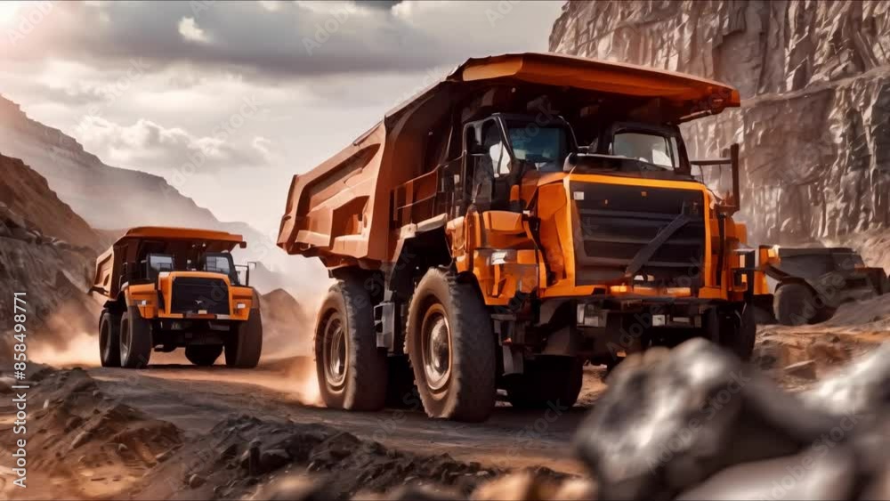 Operations of large yellow mining trucks in action at a coal quarry excavation site. Concept Coal Excavation, Mining Trucks, Quarry Operations, Heavy Machinery, Industrial Site Operations of large yellow mining trucks in action at a coal quarry excavation site. Concept Coal Excavation, Mining Trucks, Quarry Operations, Heavy Machinery, Industrial Site