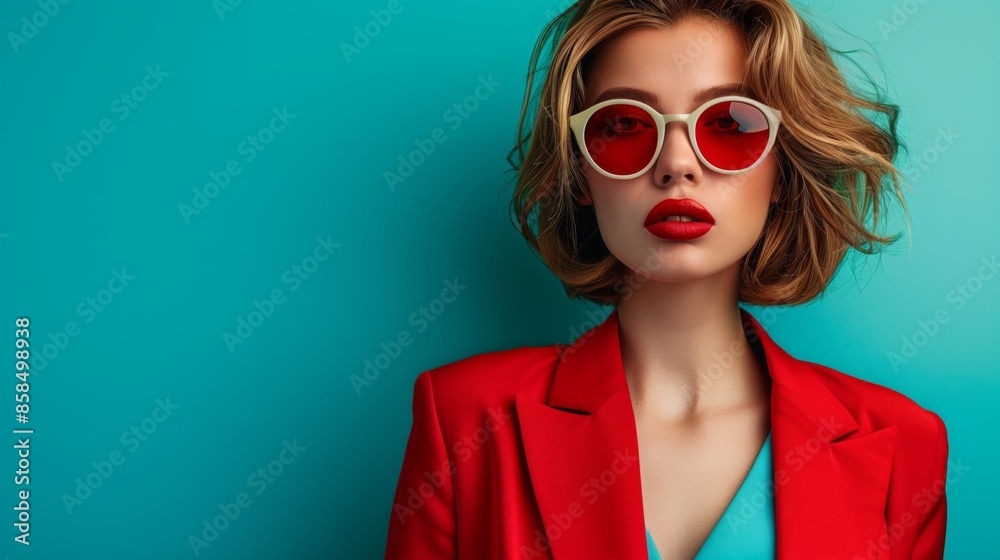 Portrait of a woman in red blazer and sunglasses Portrait of a woman in red blazer and sunglasses