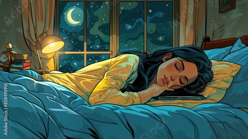 The girl sleeps peacefully in a cozy bedroom on a starry night. The room is dimly lit by a night light, creating a warm and serene atmosphere.