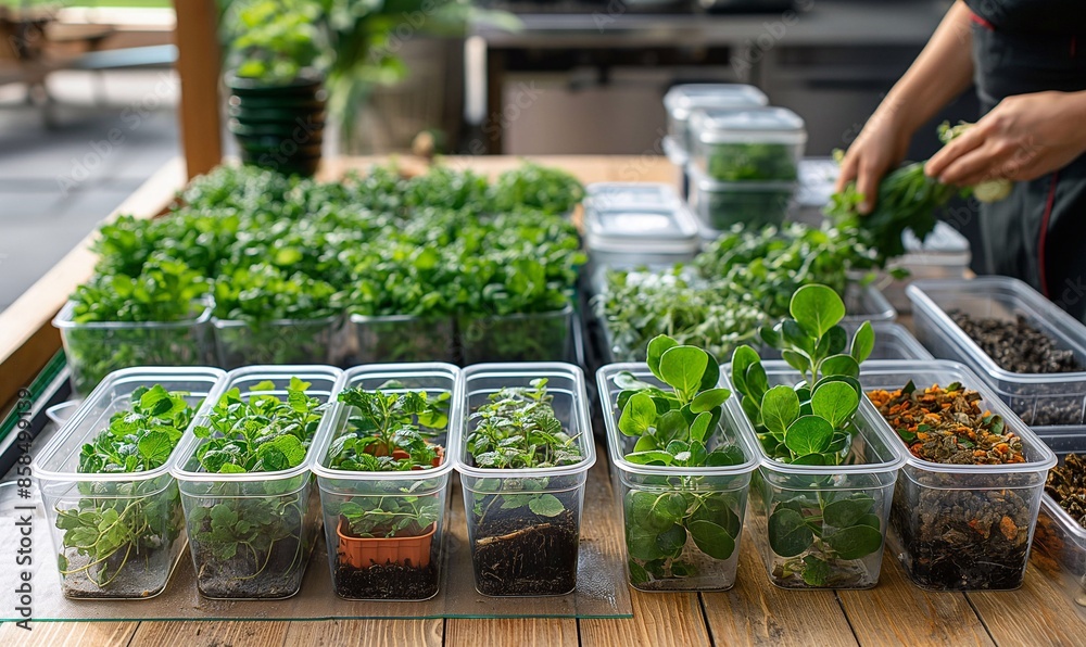  Growing a garden using reused containers from Household items. Reuse concept