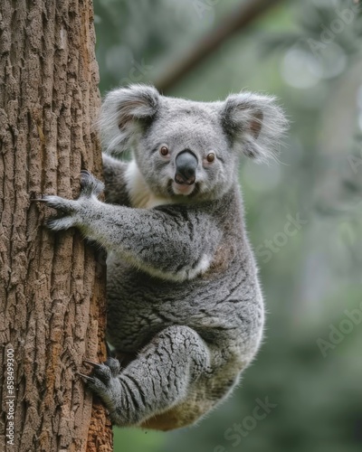 Koala Clinging To A Tree Trunk In Daylight