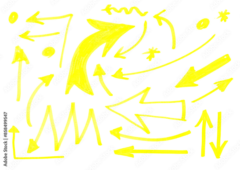 Set scribble arrow, yellow fluorescent marker isolated on white background Set scribble arrow, yellow fluorescent marker isolated on white background