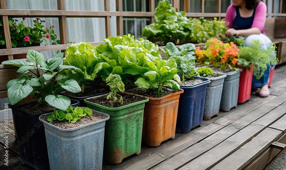Growing a garden using reused containers from Household items. Reuse concept Growing a garden using reused containers from Household items. Reuse concept