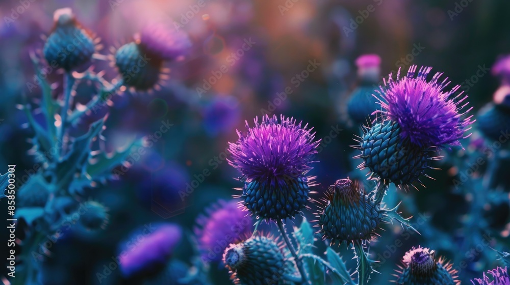 Close up photo of blooming thistle flowers Close up photo of blooming thistle flowers