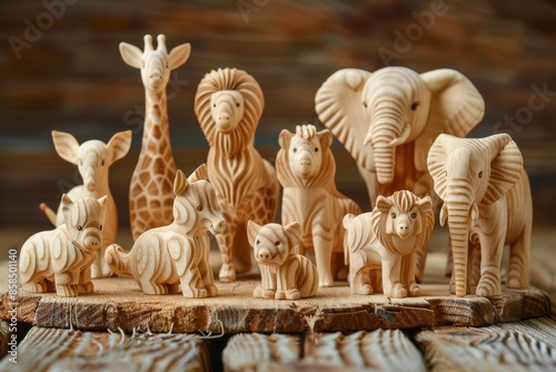 Hand-Carved Wooden Animal Figurines in a Rustic Setting photo