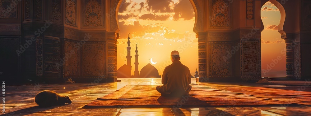 Fototapeta premium Religious muslim man praying inside the mosque. AI generated illustration