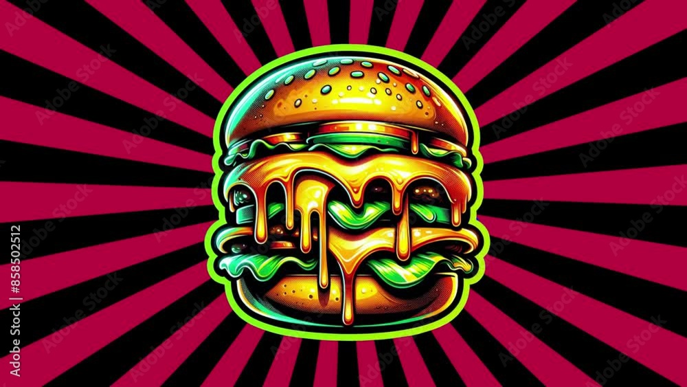 Sticker art of a burger with yellow green orange neon effect and white stroke on sunburst background. Generative AI. Sticker art of a burger with yellow green orange neon effect and white stroke on sunburst background. Generative AI.
