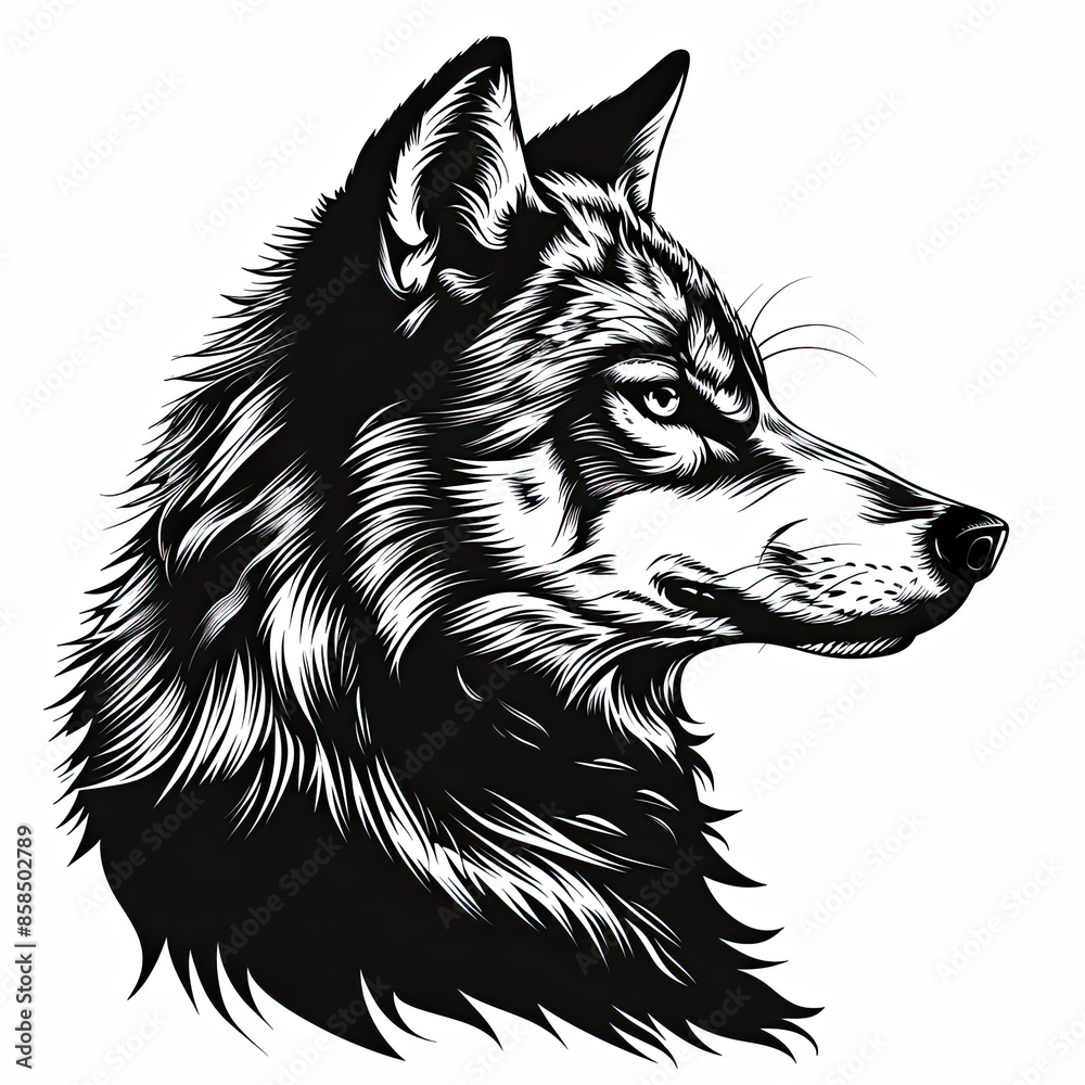 Fototapeta premium A black and white drawing of a wolf 's head