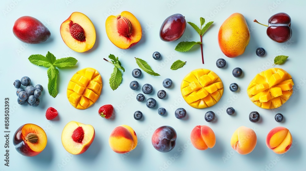 Variety of fresh and colorful fruits like mango, peach, plum, blueberry, and mint create a vibrant collage on a light blue backdrop, showcasing the abundance of summer vitamins. Variety of fresh and colorful fruits like mango, peach, plum, blueberry, and mint create a vibrant collage on a light blue backdrop, showcasing the abundance of summer vitamins.