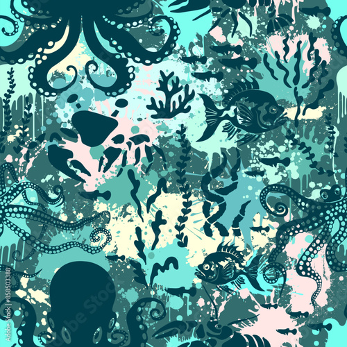 Seamless pattern sea inhabitants. hand drawing. Not AI. Vector illustration