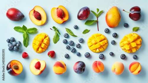 Wallpaper Mural Variety of fresh and colorful fruits like mango, peach, plum, blueberry, and mint create a vibrant collage on a light blue backdrop, showcasing the abundance of summer vitamins. Torontodigital.ca