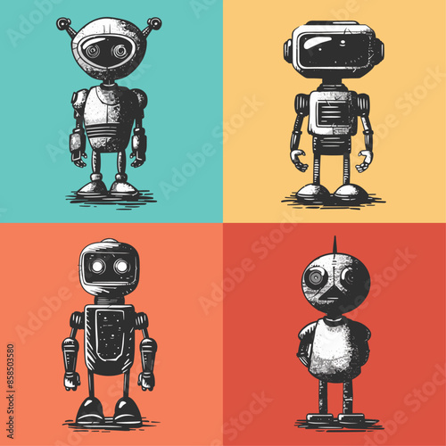 Old style set of robot vector monochromic art, retro toy robot vintage style, concept art of old-age robot