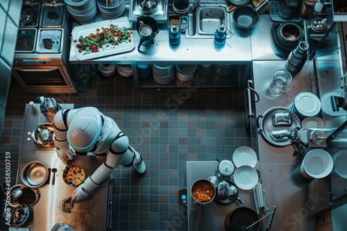 Futuristic robot chef is working in a modern kitchen, preparing food with precision
