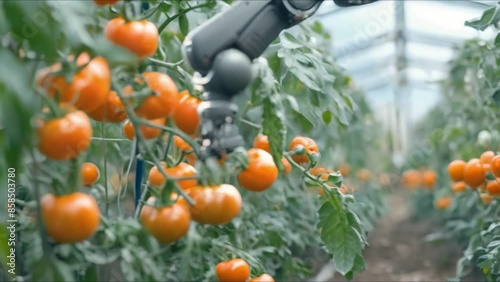 Enhancing Efficiency and Quality in Greenhouse Farming through Robotic Arm Tomato Harvesting. Concept Robotics, Greenhouse Farming, Efficiency, Quality, Tomato Harvesting photo