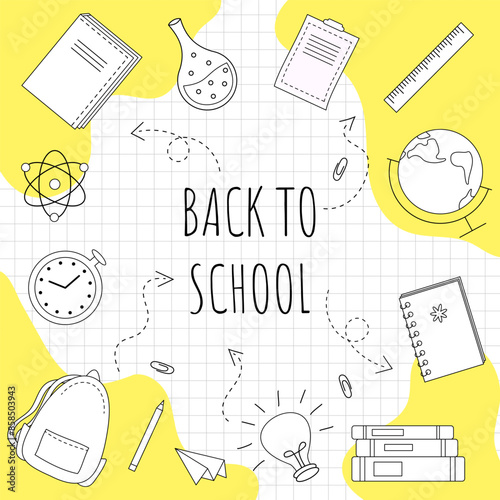 Back to school. Set of school elements, backpack, books, globe, notebook, pencil. Poster, banner, greeting card. Hand drawn doodle vector illustration with yellow colors.