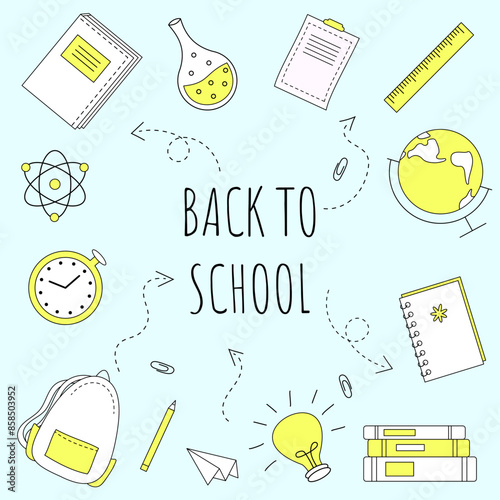 Back to school. Set of school elements, backpack, books, globe, notebook, pencil. Poster, banner, greeting card. Hand drawn doodle vector illustration with yellow colors.