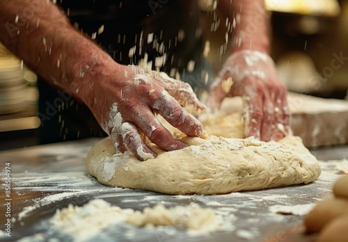 Baker Kneading Dough With Floury Hands in a Kitchen