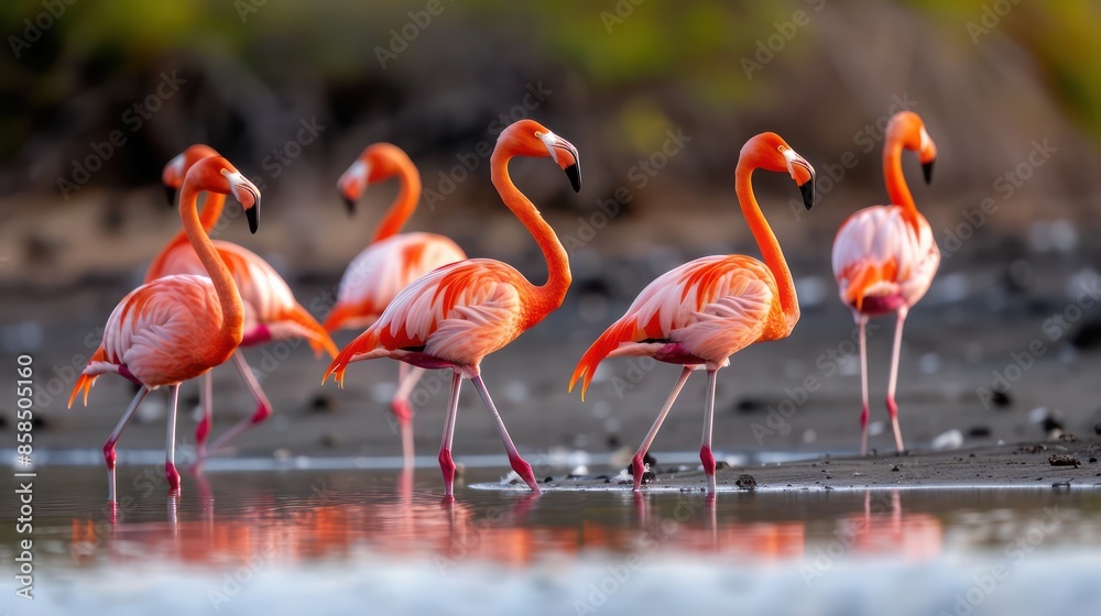 A group of flamingos are walking in a body of water. Concept of tranquility and natural beauty, as the flamingos move gracefully through the water. The scene captures the essence of wildlife A group of flamingos are walking in a body of water. Concept of tranquility and natural beauty, as the flamingos move gracefully through the water. The scene captures the essence of wildlife