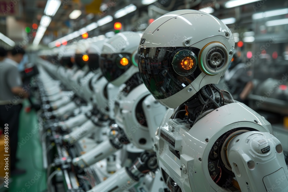 A Row of White Robots in a Modern Factory Setting A Row of White Robots in a Modern Factory Setting