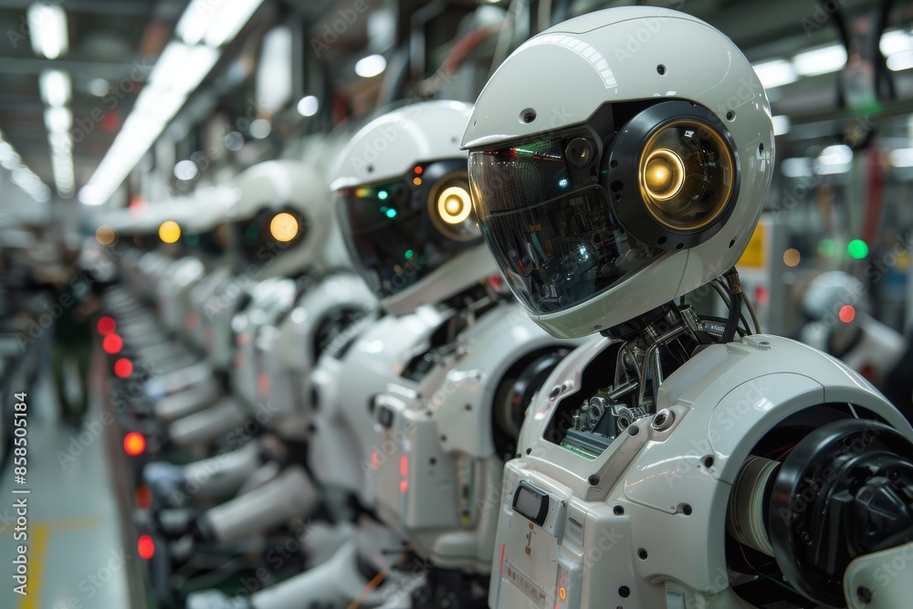 A Row of White Robots in a Modern Factory Setting A Row of White Robots in a Modern Factory Setting