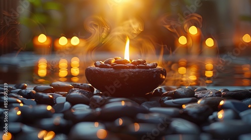 A Single Candle Burning Amongst Smooth Black Stones and Warm Lights at Dusk