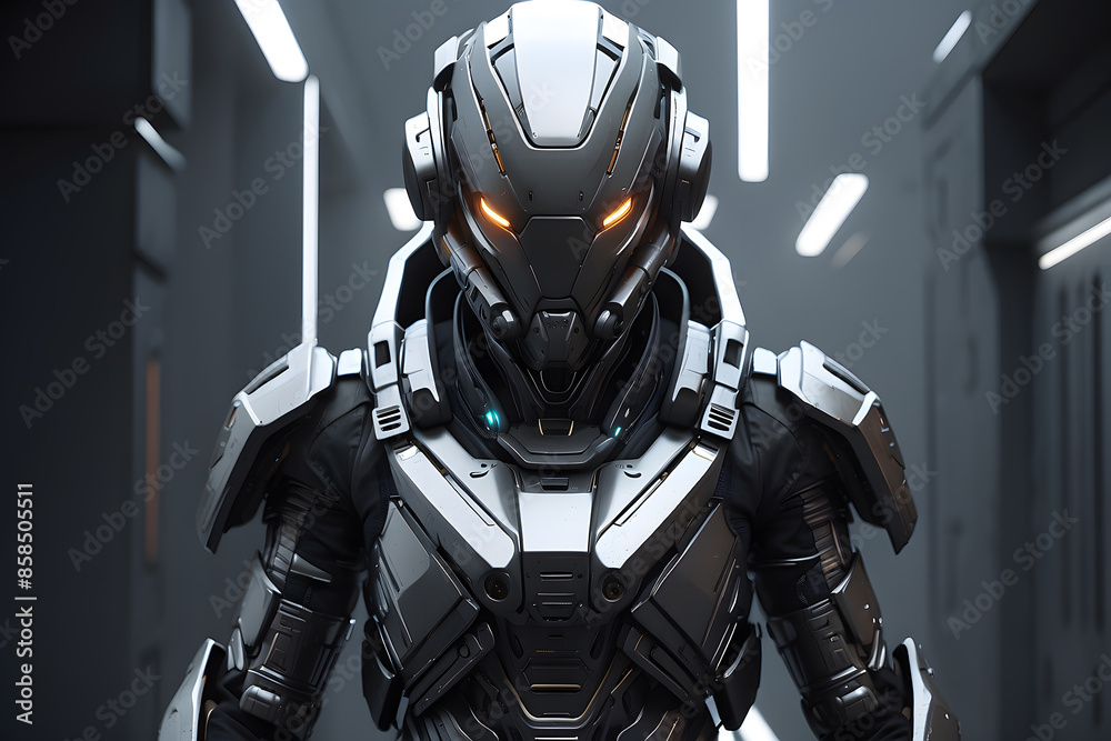 Fototapeta premium A humanoid made of sci-fi metal panels wearing techwear clothing, front view, hard surface concept art, octane render, ultra-detailed, art station, brush, society, designed 