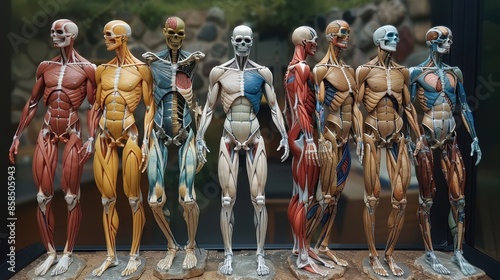 A detailed display of anatomical models showcases the human muscular and skeletal systems, used for medical education and study purposes. photo