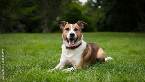 On the grass of a park. a dog