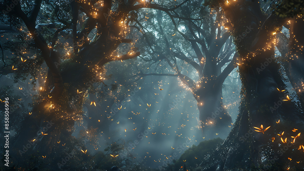 A mystical forest with glowing fairies flying around ancient trees, a ...
